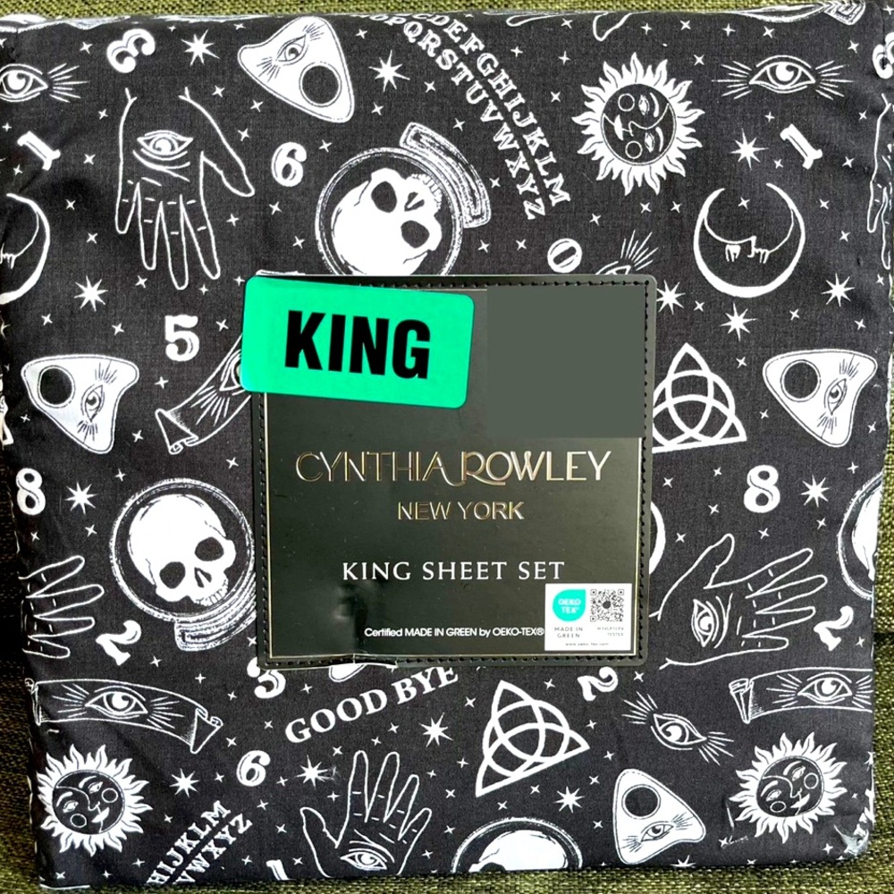 Cynthia Rowley Halloween Witchy Ouija Skull Spooky Black KING Bed Sheet Set